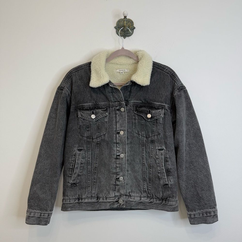 Pacsun Sherpa Lined Trucker Style Denim Jacket Faded Black Cream Women Size XS/S